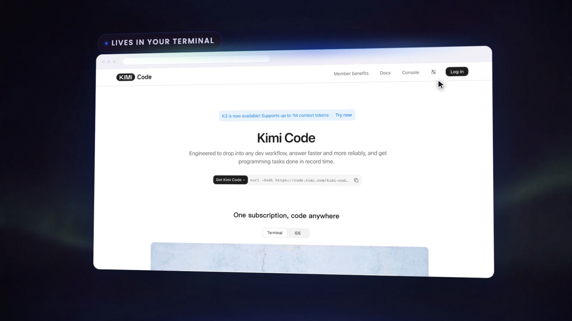 A frame from a rendered film: a product screenshot in a browser frame, tilted in 3D, under a small capsule reading LIVES IN YOUR TERMINAL