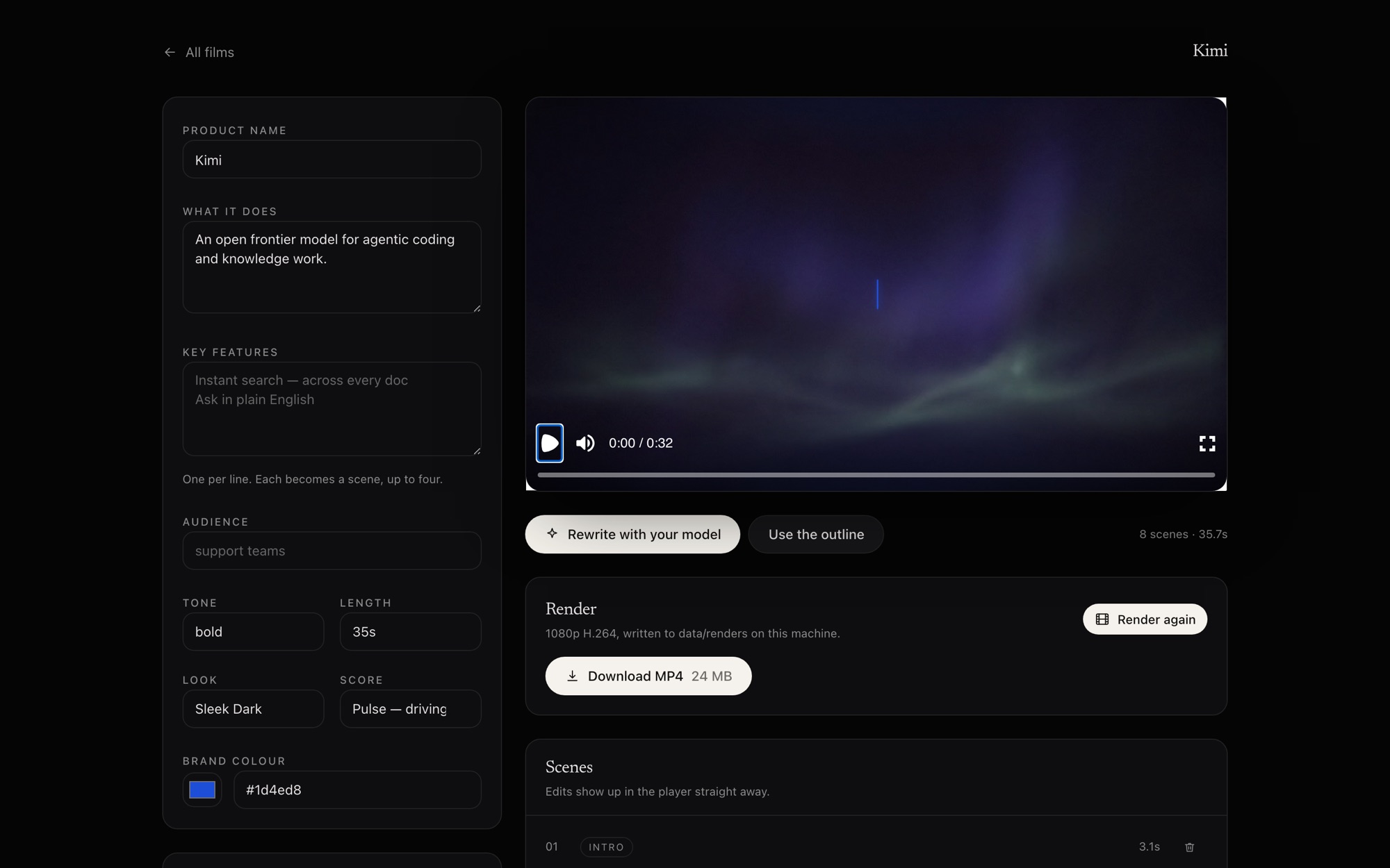 The flowy studio: a brief on the left, the animated film playing in the browser on the right, and a render panel offering the finished MP4