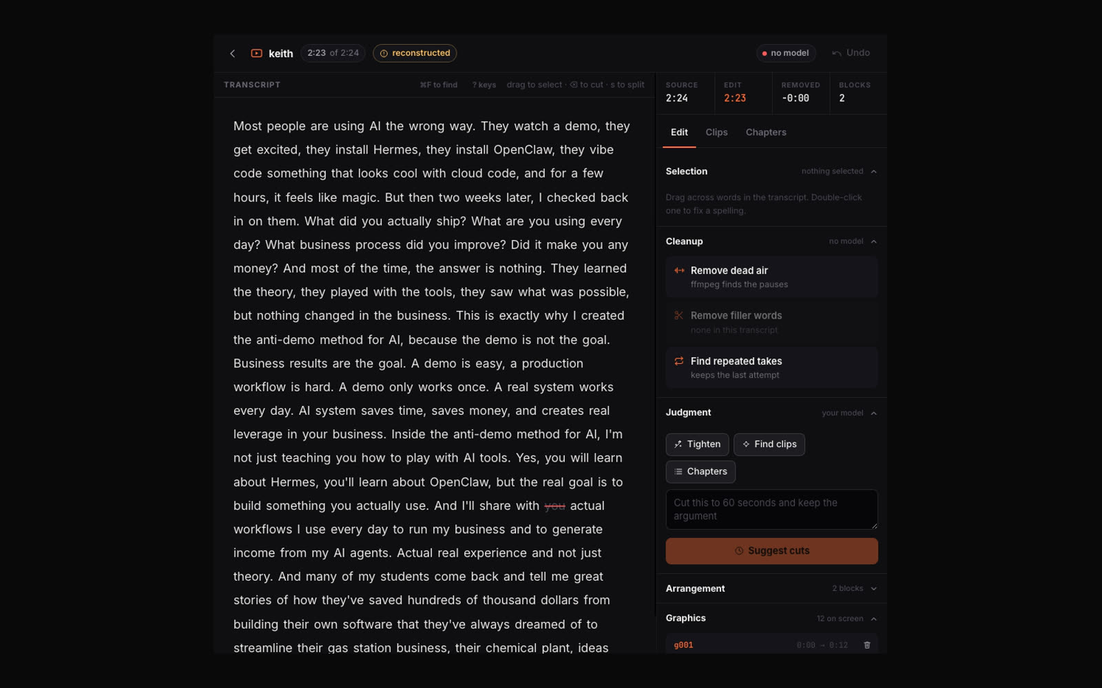 The kve editor: the transcript on the left with a struck-out word marking a cut, and the cleanup and judgment panels on the right