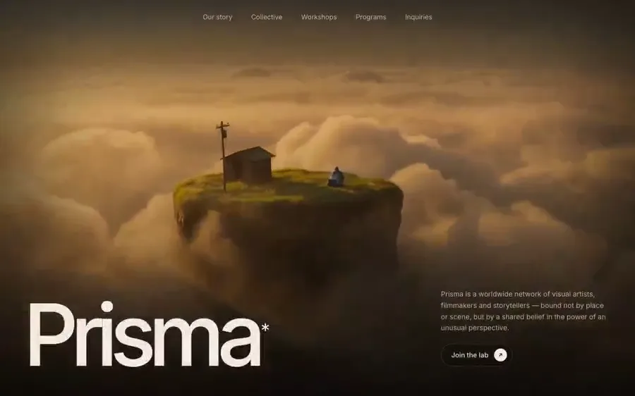 The Prisma landing page: an oversized serif wordmark over a video of a cabin on a floating island above the clouds, with a thin nav and a pill call-to-action